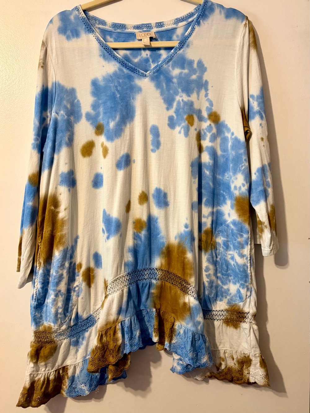4/$25 Logo Lavish Blue and Brown Tie-Dye V-Neck Ruffle Tunic Top